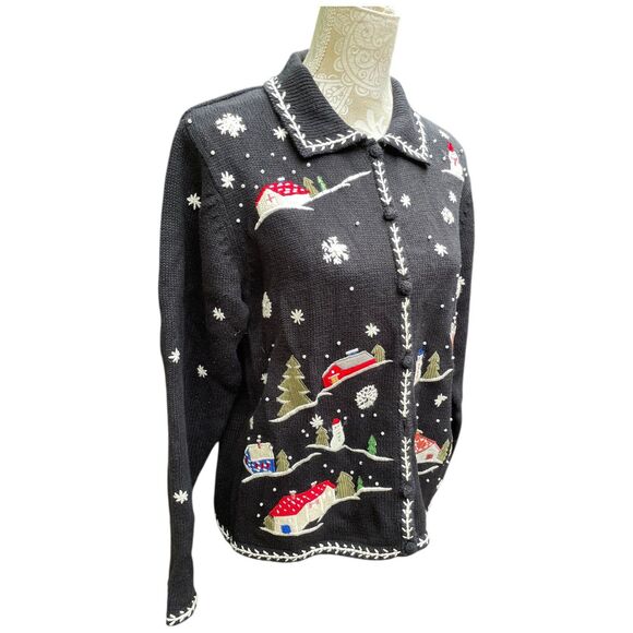 Vintage Erika Cardigan Sweater Petite Large Snowy Village Xmas Winter Holiday - Picture 3 of 16